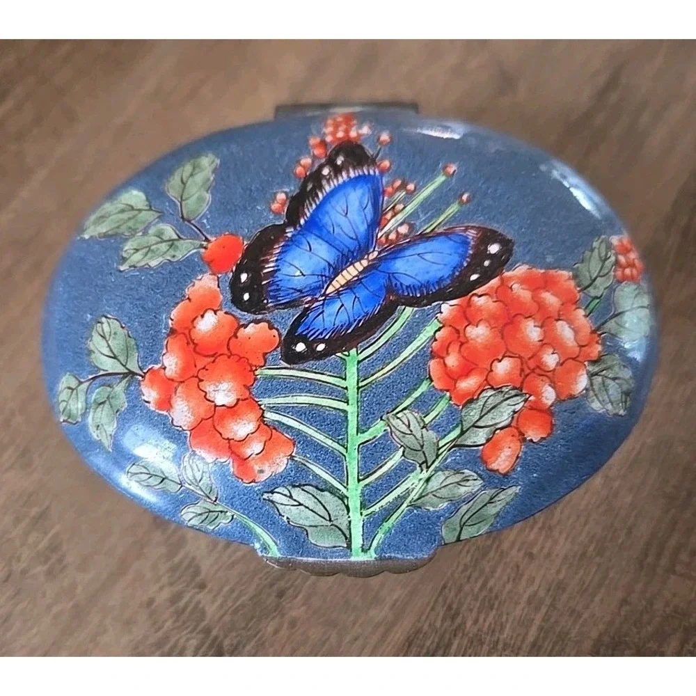 VTG Enameled Granite Ware Butterfly/Floral Brass Hinged Trinket Dish